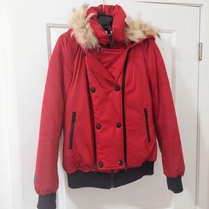 Soia & Kyo Red Puffer Jacket with Fur-Trimmed Hood